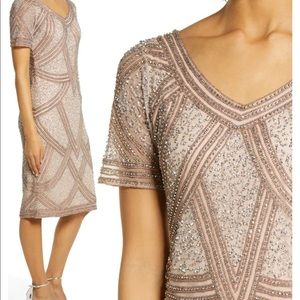 PISARRO NIGHTS Beaded Cocktail Sheath Midi Dress
